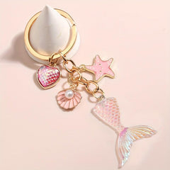 Starfish & Mermaid Tail Keychain - Metal Key Ring Purse Handbag Car Charm