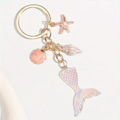 Starfish & Mermaid Tail Keychain - Metal Key Ring Purse Handbag Car Charm