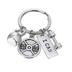 Vintage Silver Barbell Dumbbell Gym Weightlifting Keychain Key Ring