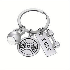 Vintage Silver Barbell Dumbbell Gym Weightlifting Keychain Key Ring
