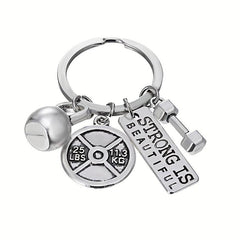 Vintage Silver Barbell Dumbbell Gym Weightlifting Keychain Key Ring