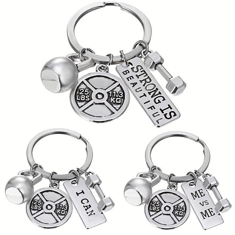 Vintage Silver Barbell Dumbbell Gym Weightlifting Keychain Key Ring