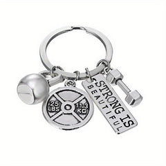 Vintage Silver Barbell Dumbbell Gym Weightlifting Keychain Key Ring