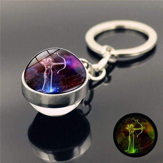 12 Constellations Neon Double sided Glass Ball Keychain Car Accessory