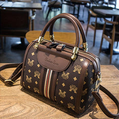 Letter Printed Boston Bag Women's PU Leather Handbag Top Handle Satchel Purse