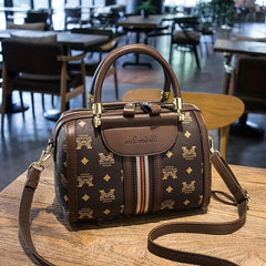 Letter Printed Boston Bag Women's PU Leather Handbag Top Handle Satchel Purse
