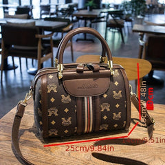 Letter Printed Boston Bag Women's PU Leather Handbag Top Handle Satchel Purse