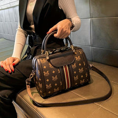 Letter Printed Boston Bag Women's PU Leather Handbag Top Handle Satchel Purse