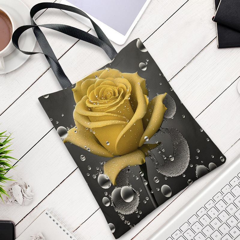 Yellow Rose Pattern Shoulder Bag Canvas Storage Handbag Versatile Shopper Bag