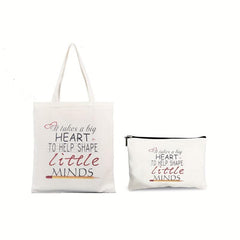 2 Pcs Letter Pattern Canvas Bag Sets - Shoulder Bag & Clutch Pouch