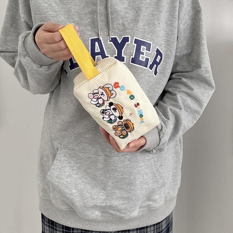Corduroy Pencil Case with Cartoon Animal Embroidery