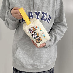 Corduroy Pencil Case with Cartoon Animal Embroidery