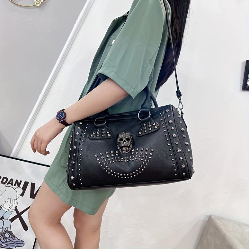 Gothic Skull Rivet Studded Boston Bag Y2K Large Capacity Handbag Women's