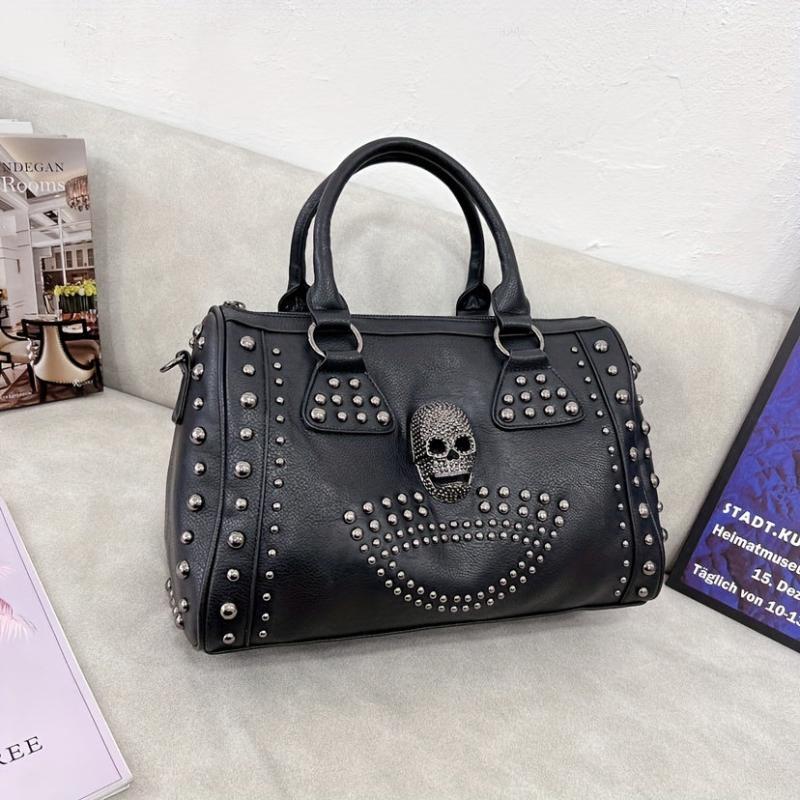 Gothic Skull Rivet Studded Boston Bag Y2K Large Capacity Handbag Women's