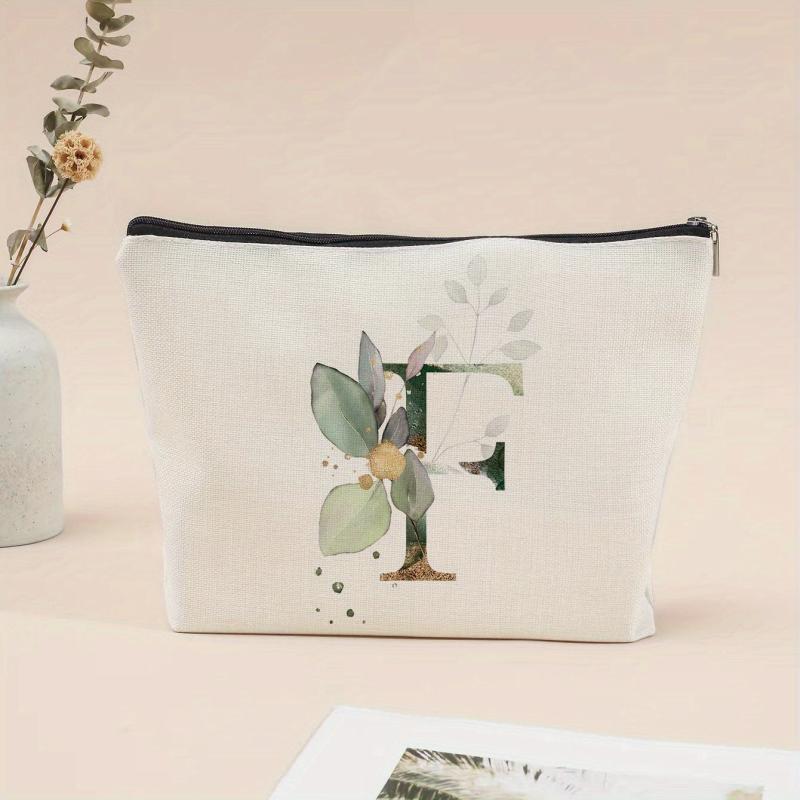 Letter & Leaves Print Makeup Bag Coin Purse Zipper Clutch Pouch