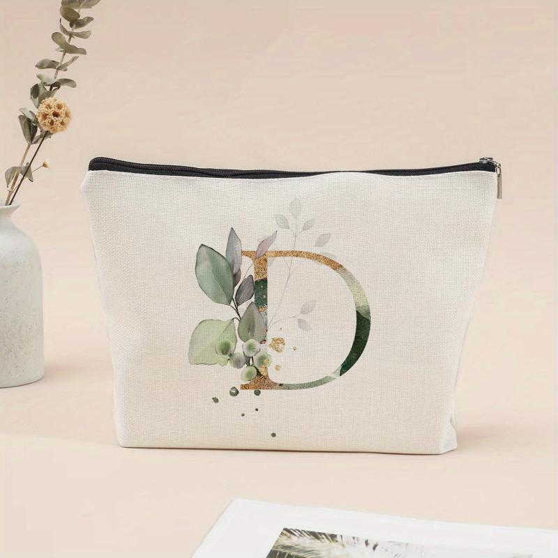 Letter & Leaves Print Makeup Bag Coin Purse Zipper Clutch Pouch