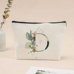 Letter & Leaves Print Makeup Bag Coin Purse Zipper Clutch Pouch