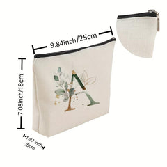Letter & Leaves Print Makeup Bag Coin Purse Zipper Clutch Pouch
