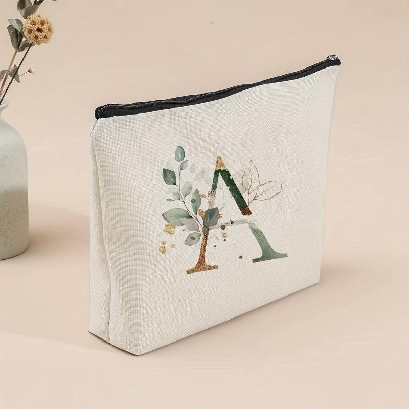 Letter & Leaves Print Makeup Bag Coin Purse Zipper Clutch Pouch