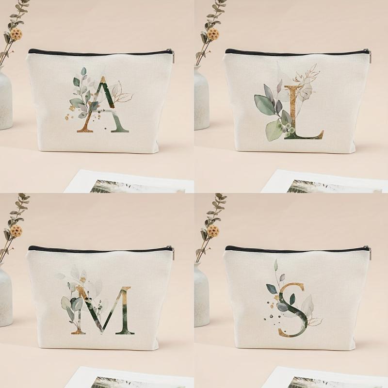 Letter & Leaves Print Makeup Bag Coin Purse Zipper Clutch Pouch