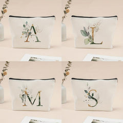 Letter & Leaves Print Makeup Bag Coin Purse Zipper Clutch Pouch