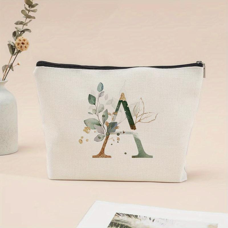 Letter & Leaves Print Makeup Bag Coin Purse Zipper Clutch Pouch