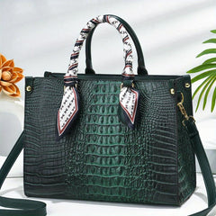 Crocodile Embossed Tote Bag Lightweight Shoulder Bag With Scarf