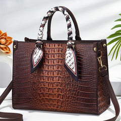 Crocodile Embossed Tote Bag Lightweight Shoulder Bag With Scarf