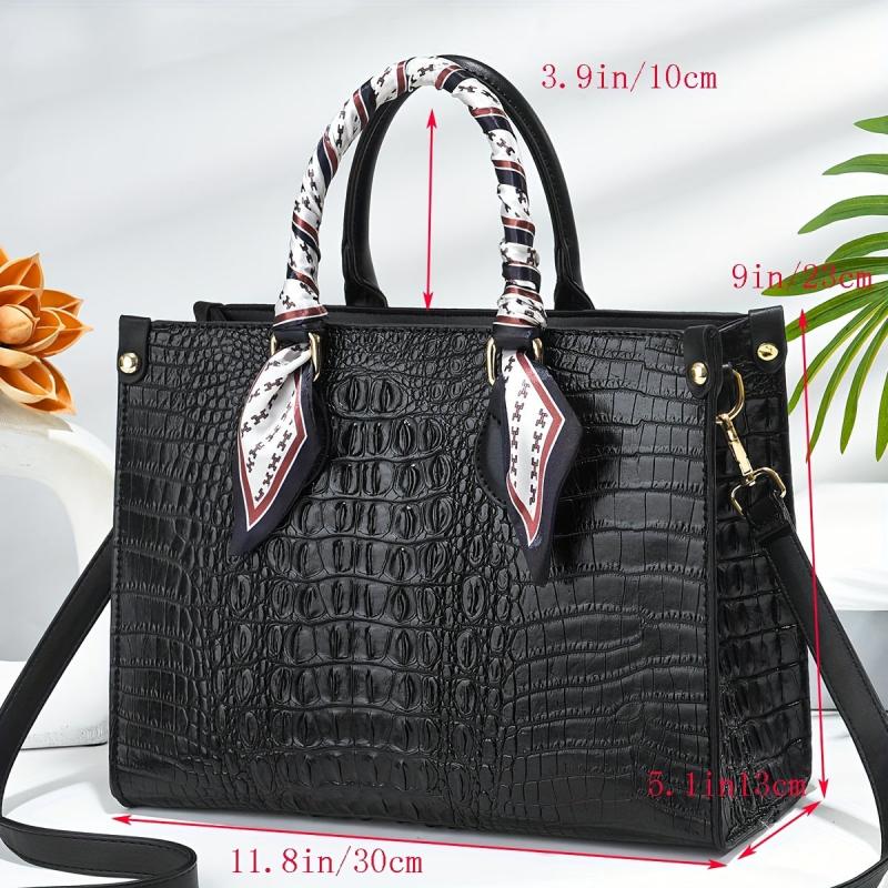 Crocodile Embossed Tote Bag Lightweight Shoulder Bag With Scarf