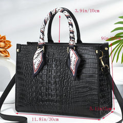 Crocodile Embossed Tote Bag Lightweight Shoulder Bag With Scarf