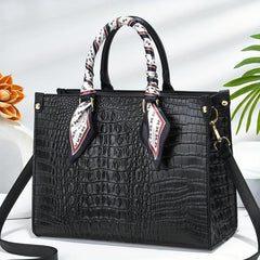 Crocodile Embossed Tote Bag Lightweight Shoulder Bag With Scarf