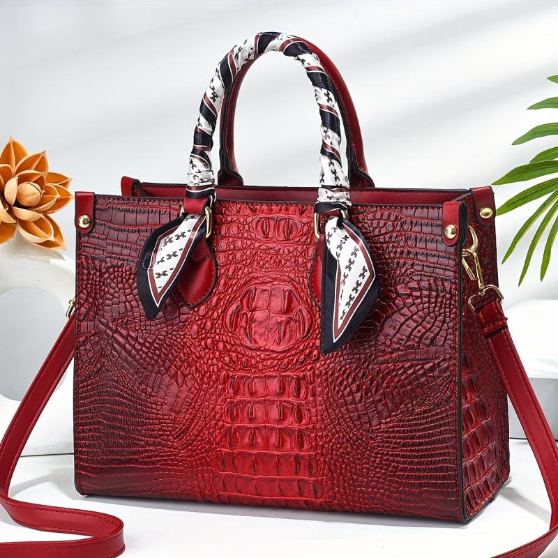 Crocodile Embossed Tote Bag Lightweight Shoulder Bag With Scarf