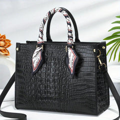 Crocodile Embossed Tote Bag Lightweight Shoulder Bag With Scarf