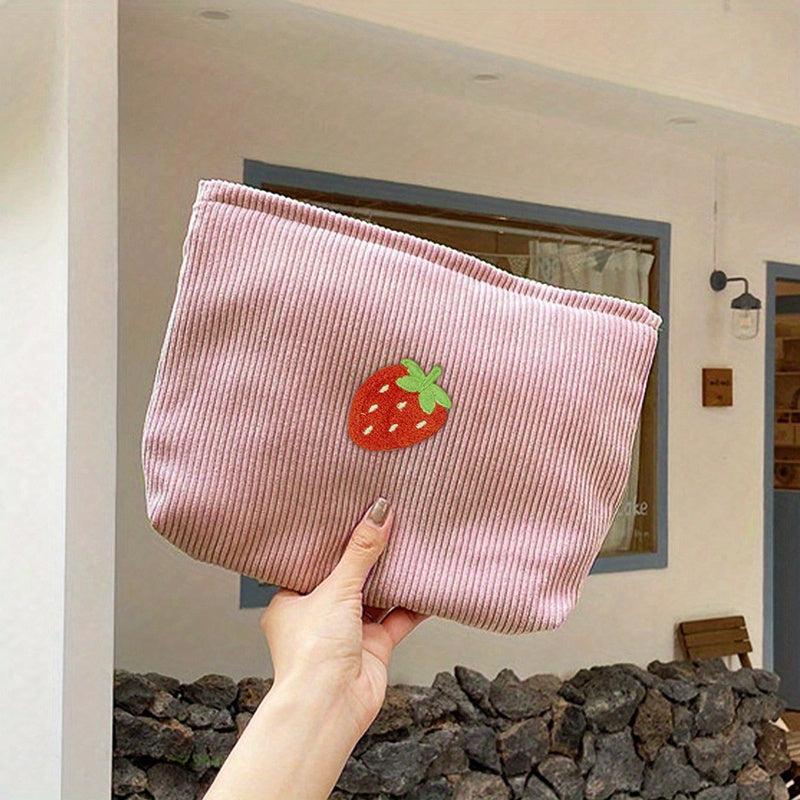 Strawberry Corduroy Makeup Bag Pink Storage Women's Lightweight Portable