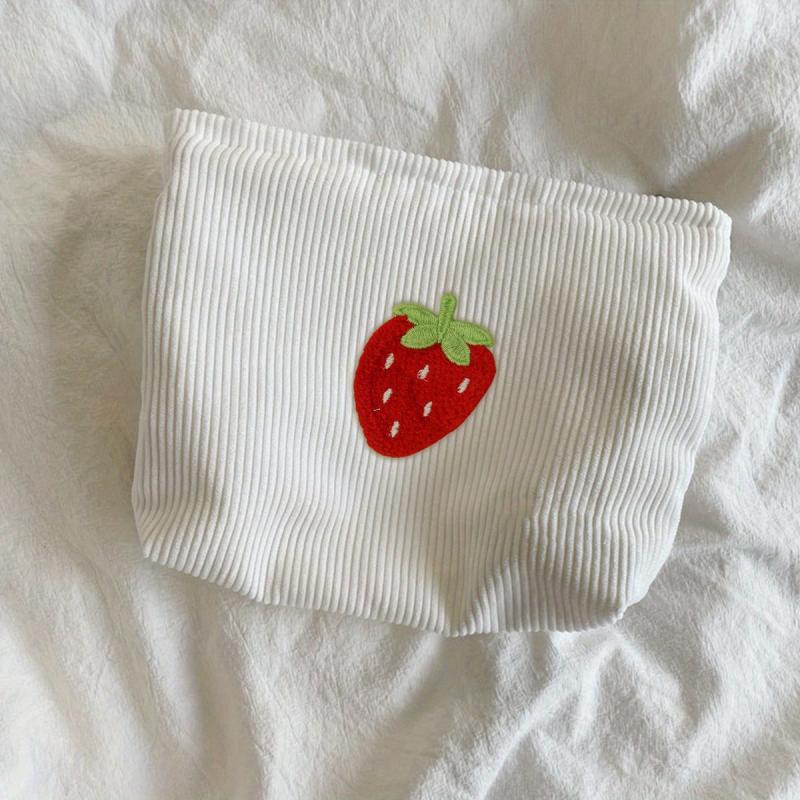 Strawberry Corduroy Makeup Bag Pink Storage Women's Lightweight Portable