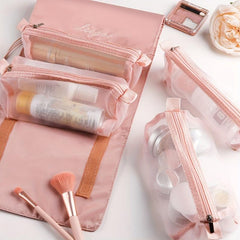 Foldable Makeup Bag 4 Removeable Pockets Nylon Mesh Separation Makeup Bag