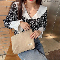 Corduroy Soft Zipper Cosmetic Bag Portable Makeup Storage Bag