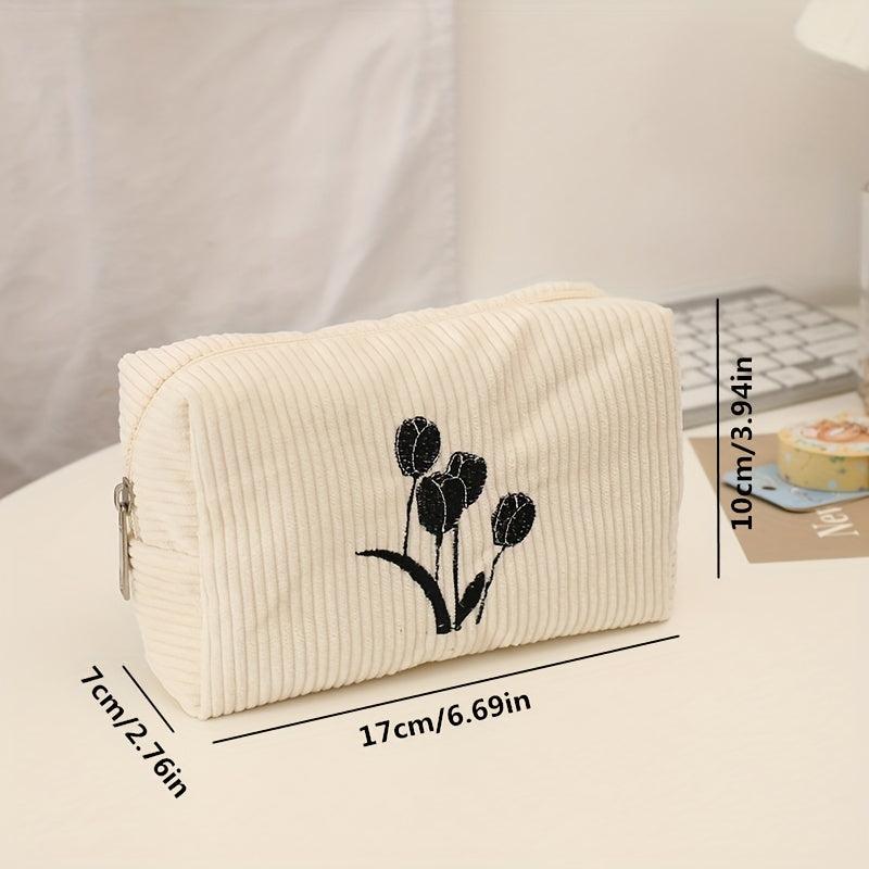 Tulip Embroidered Cosmetic Bag Zipper Makeup Pouch