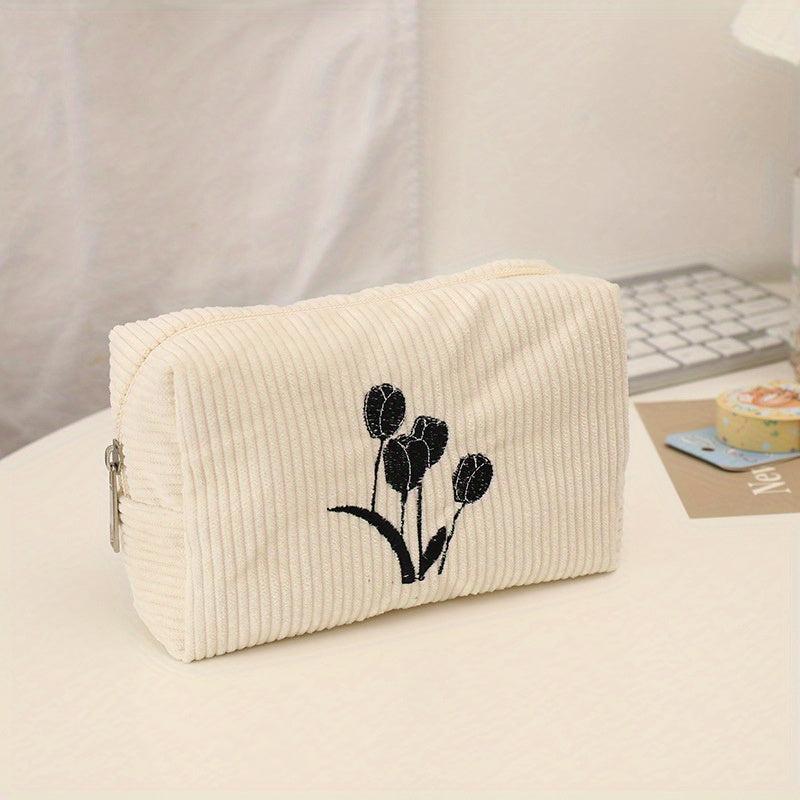 Tulip Embroidered Cosmetic Bag Zipper Makeup Pouch