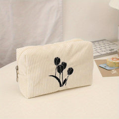 Tulip Embroidered Cosmetic Bag Zipper Makeup Pouch