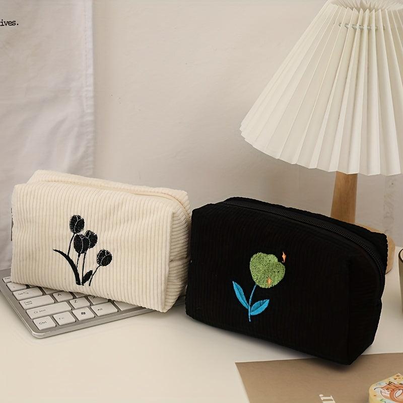 Tulip Embroidered Cosmetic Bag Zipper Makeup Pouch