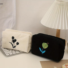Tulip Embroidered Cosmetic Bag Zipper Makeup Pouch