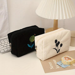 Tulip Embroidered Cosmetic Bag Zipper Makeup Pouch