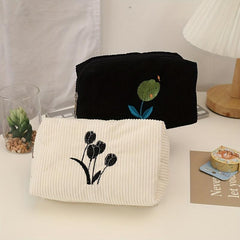 Tulip Embroidered Cosmetic Bag Zipper Makeup Pouch
