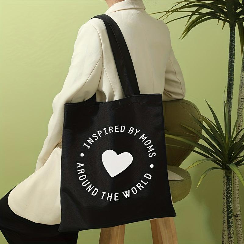 Love Heart Print Canvas Tote Bag Large Capacity Shoulder Bag