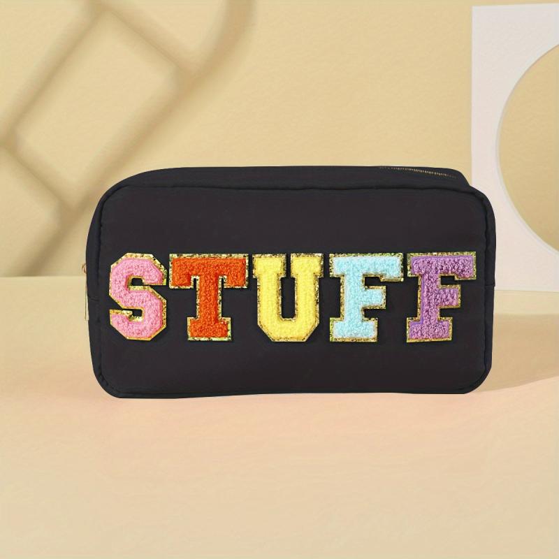 Plush Letter Print Zipper Makeup Pouch Lightweight Cosmetic Bag