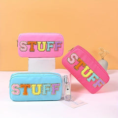 Plush Letter Print Zipper Makeup Pouch Lightweight Cosmetic Bag