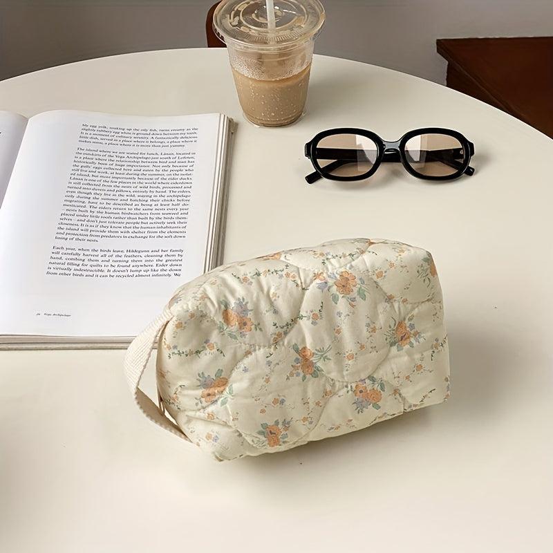 Floral Quilted Cosmetic Bag Portable Puffer Storage Pouch Makeup Organizer Bag