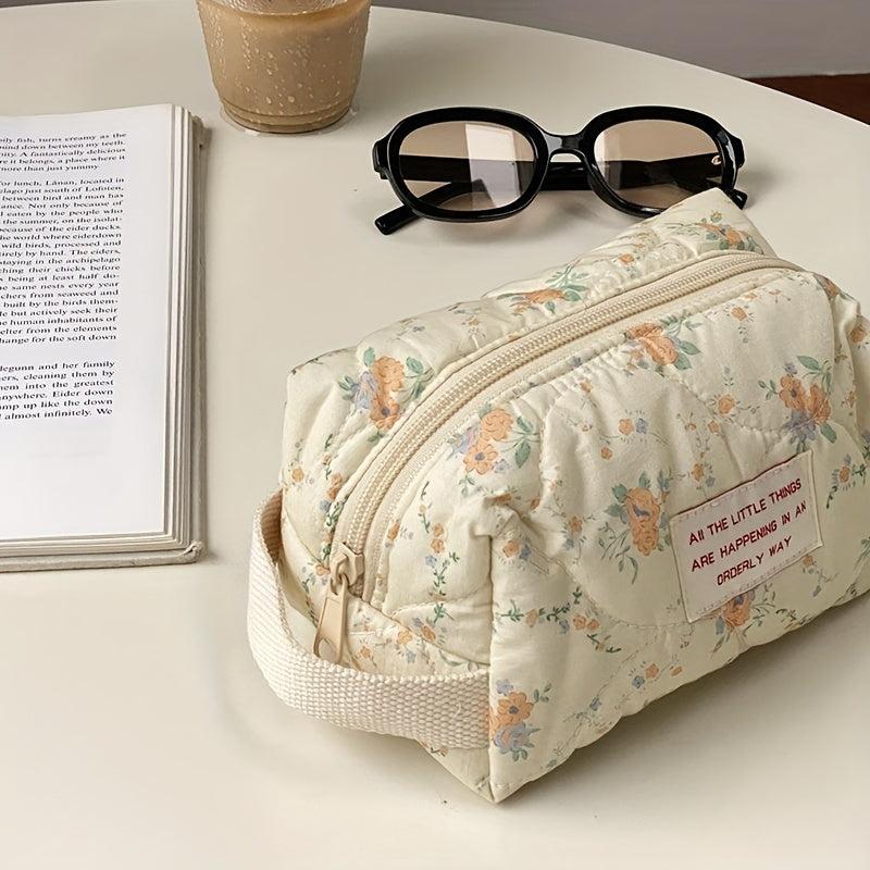 Floral Quilted Cosmetic Bag Portable Puffer Storage Pouch Makeup Organizer Bag
