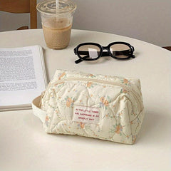 Floral Quilted Cosmetic Bag Portable Puffer Storage Pouch Makeup Organizer Bag